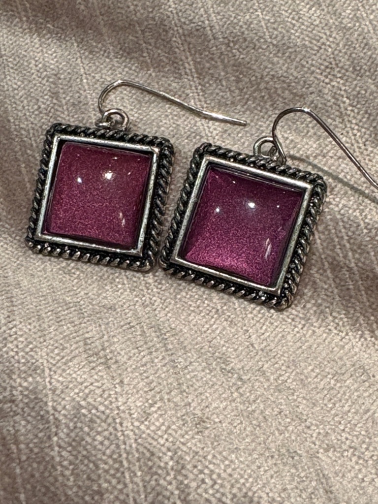 Purple Shimmersquare Drop Earrings With Silver-Tone Rope Frame
